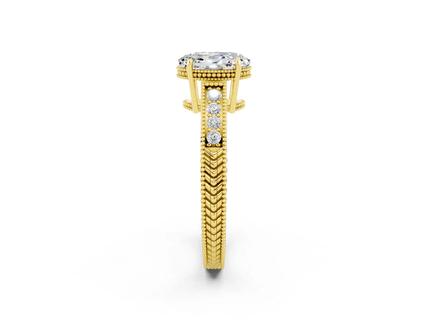 Yellow gold Oval Cut Moissanite Ring with Milgrain Pavé Band and Four-Prong Setting