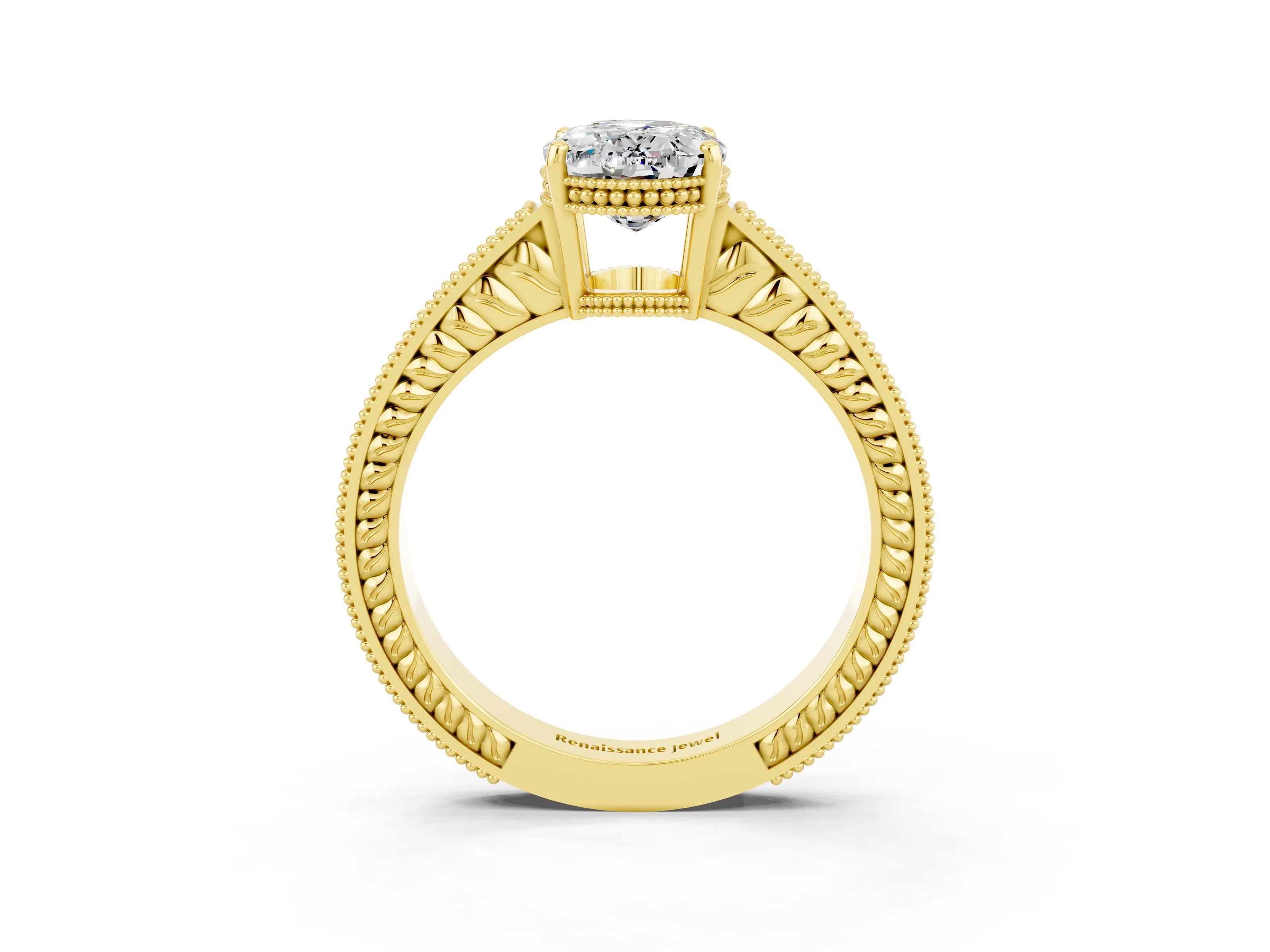 Yellow gold Oval Cut Moissanite Ring with Milgrain Pavé Band and Four-Prong Setting_15