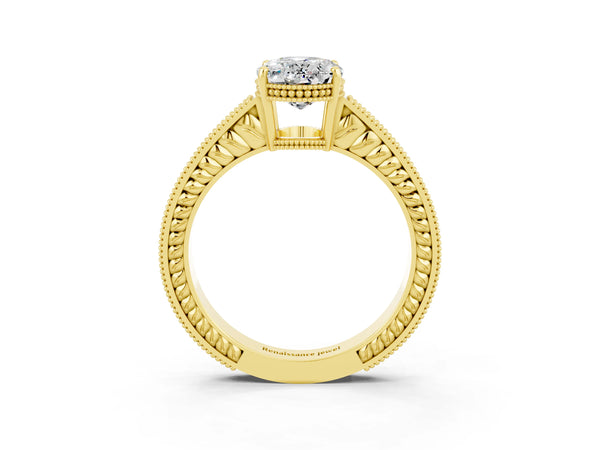 Yellow gold Oval Cut Moissanite Ring with Milgrain Pavé Band and Four-Prong Setting