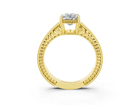 Yellow gold Oval Cut Moissanite Ring with Milgrain Pavé Band and Four-Prong Setting_15