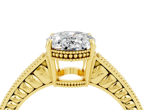 Yellow gold Oval Cut Moissanite Ring with Milgrain Pavé Band and Four-Prong Setting_16