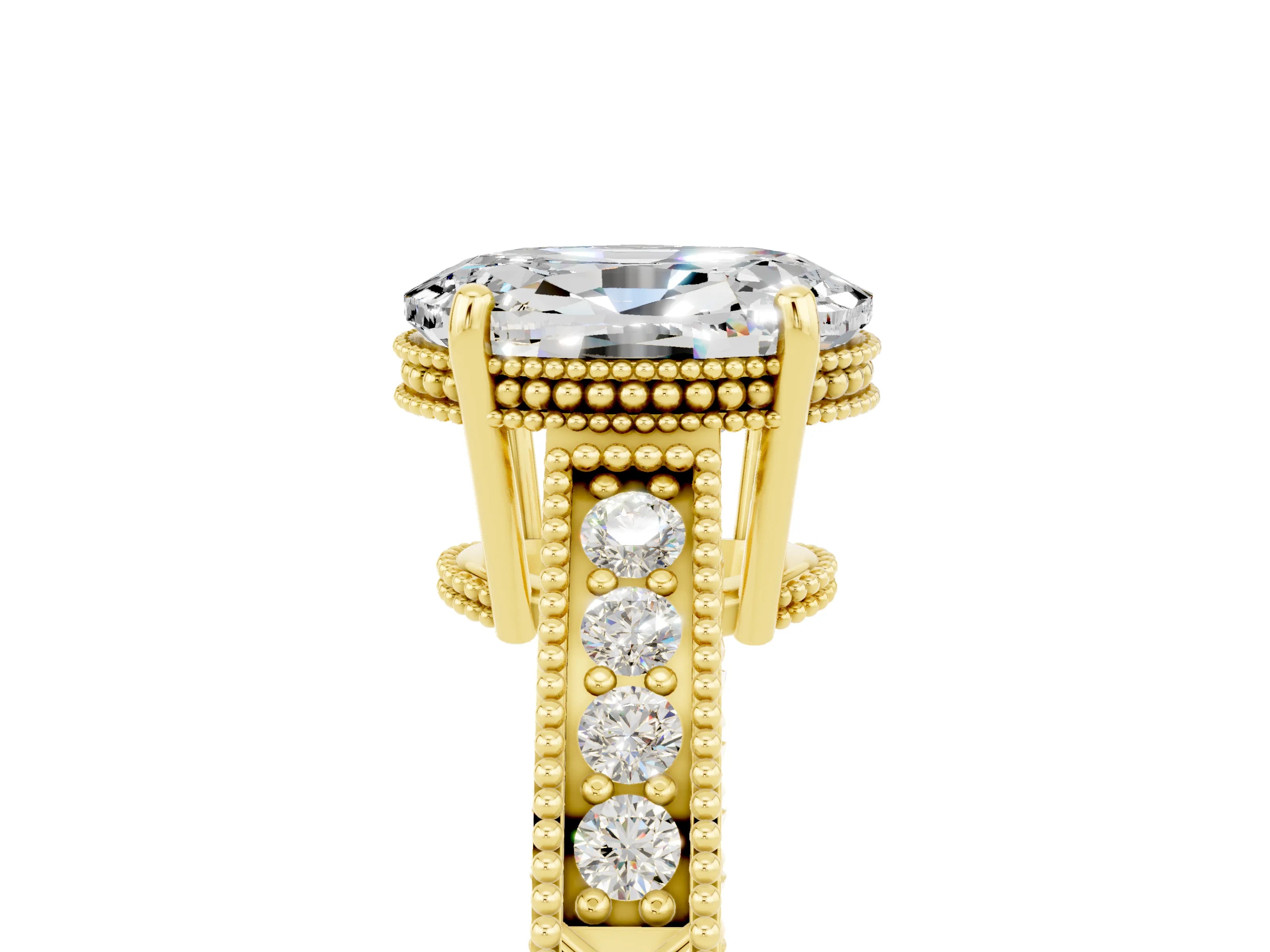 Yellow gold Oval Cut Moissanite Ring with Milgrain Pavé Band and Four-Prong Setting_17