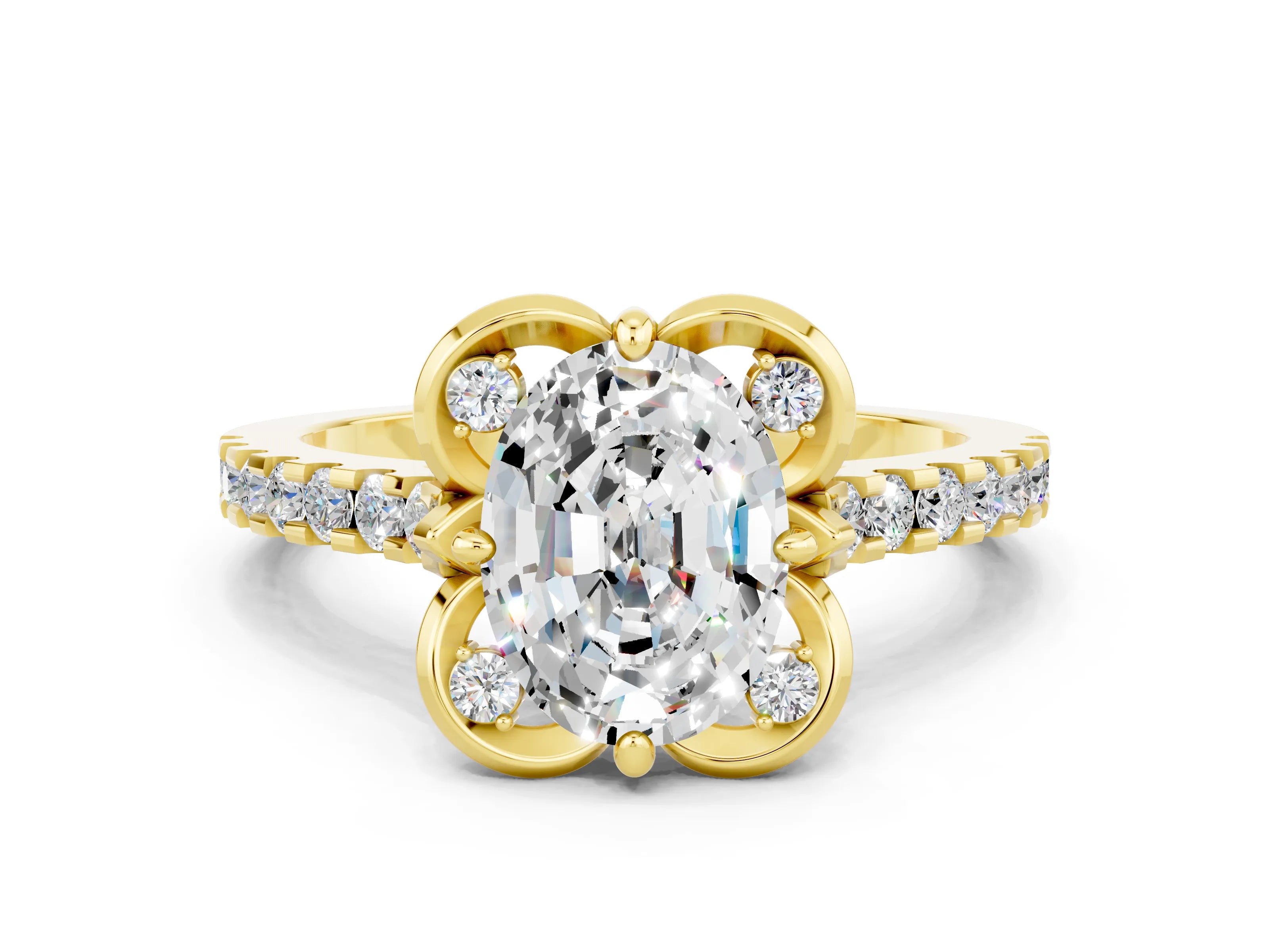 Yellow gold Oval Cut Moissanite Ring with Pavé Band and Floral Prong Setting
