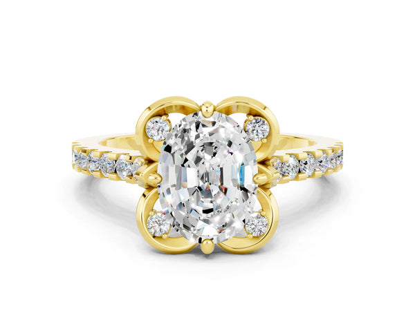 Yellow gold Oval Cut Moissanite Ring with Pavé Band and Floral Prong Setting