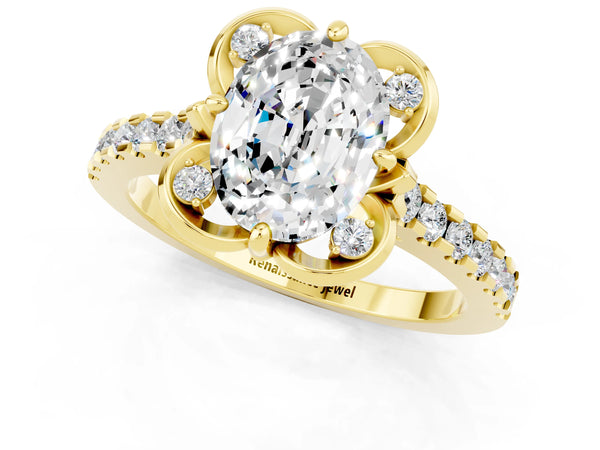 Yellow gold Oval Cut Moissanite Ring with Pavé Band and Floral Prong Setting
