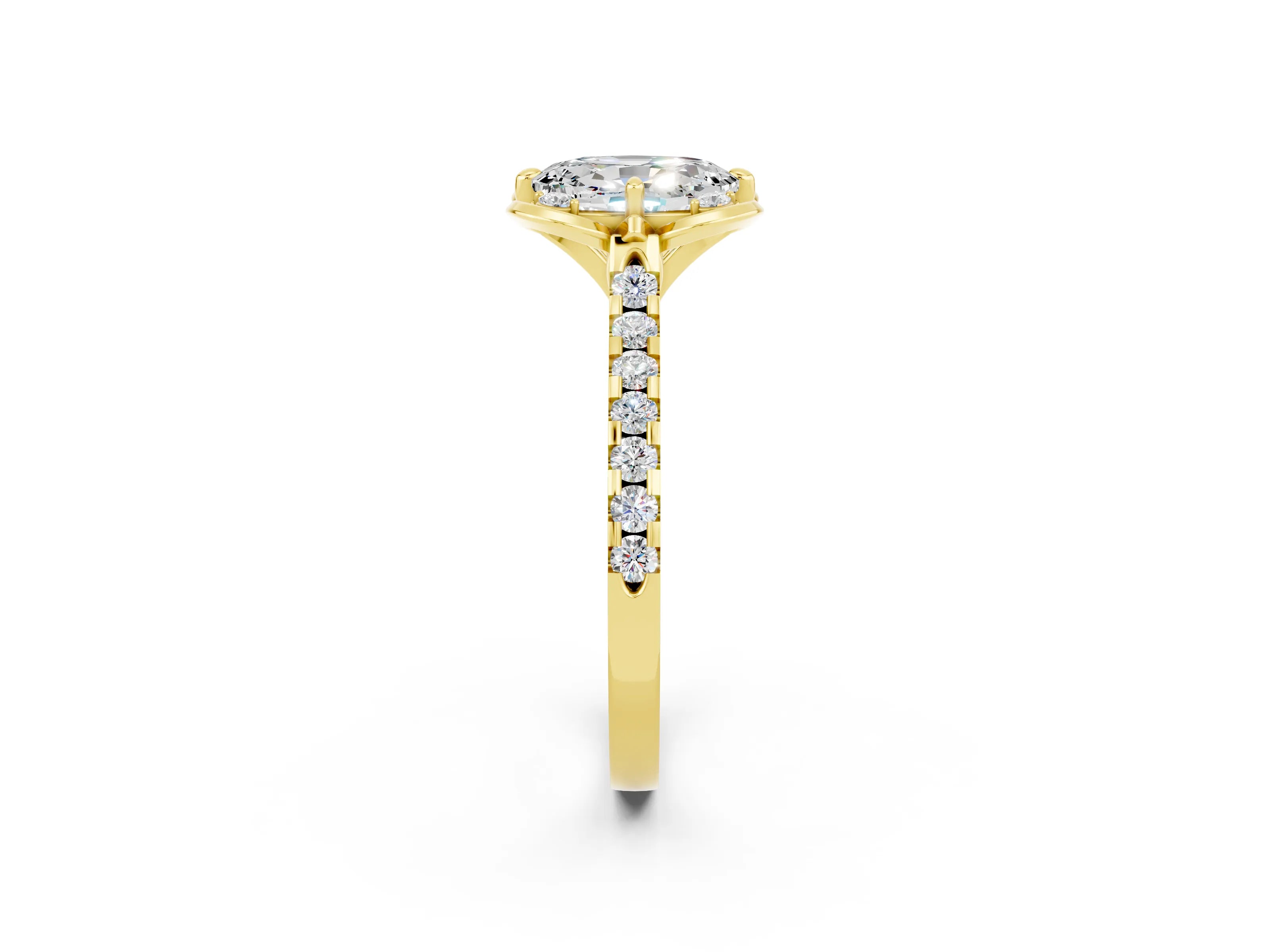 Yellow gold Oval Cut Moissanite Ring with Pavé Band and Floral Prong Setting_2