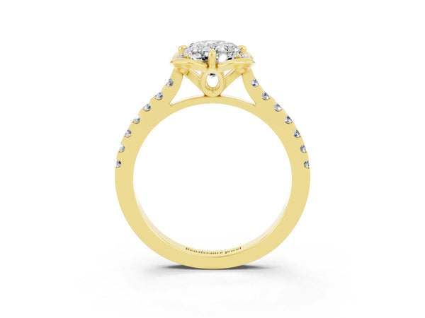 Yellow gold Oval Cut Moissanite Ring with Pavé Band and Floral Prong Setting
