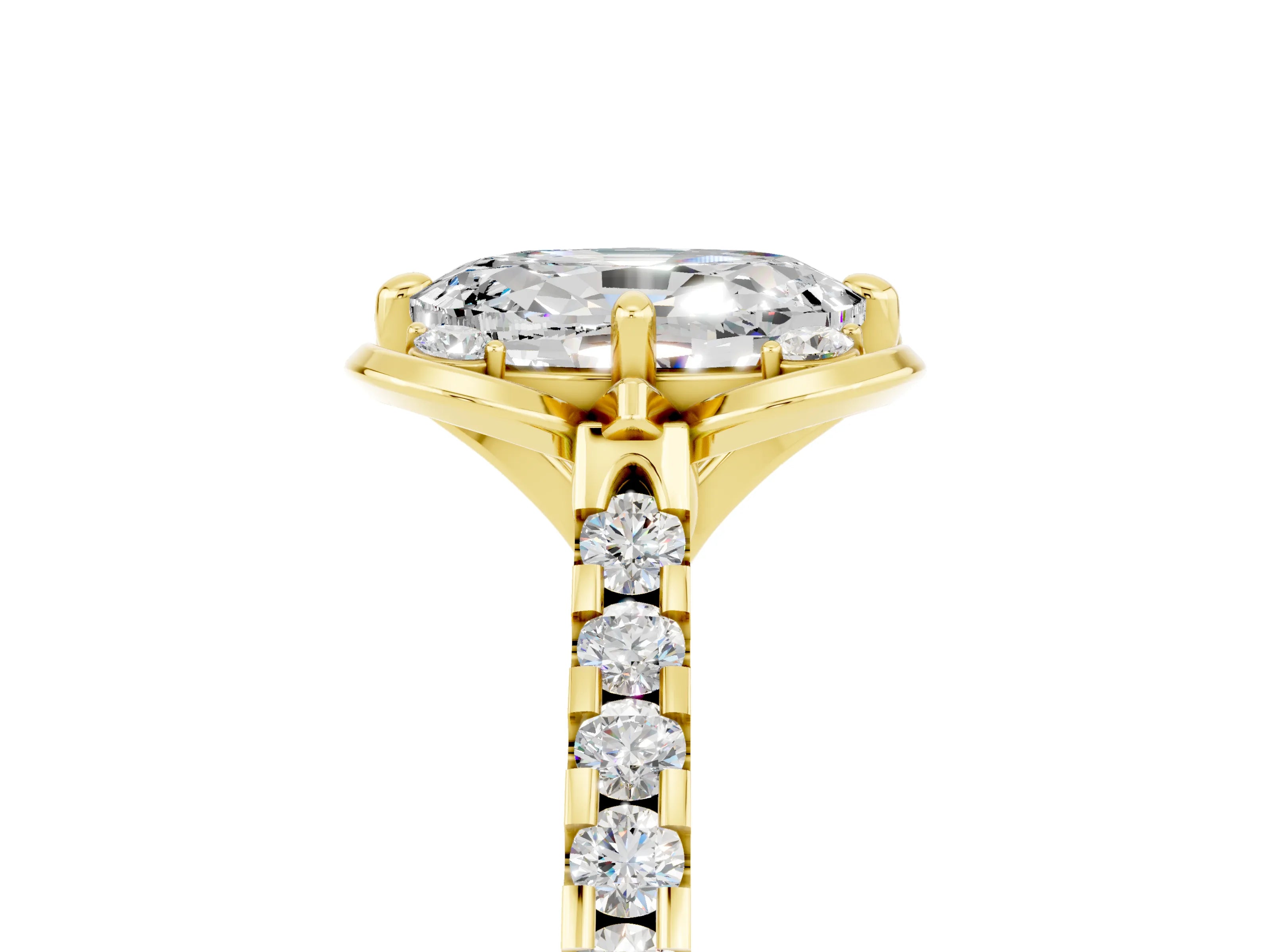Yellow gold Oval Cut Moissanite Ring with Pavé Band and Floral Prong Setting_5