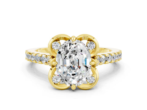 Yellow gold Oval Cut Moissanite Ring with Pavé Band and Floral Prong Setting