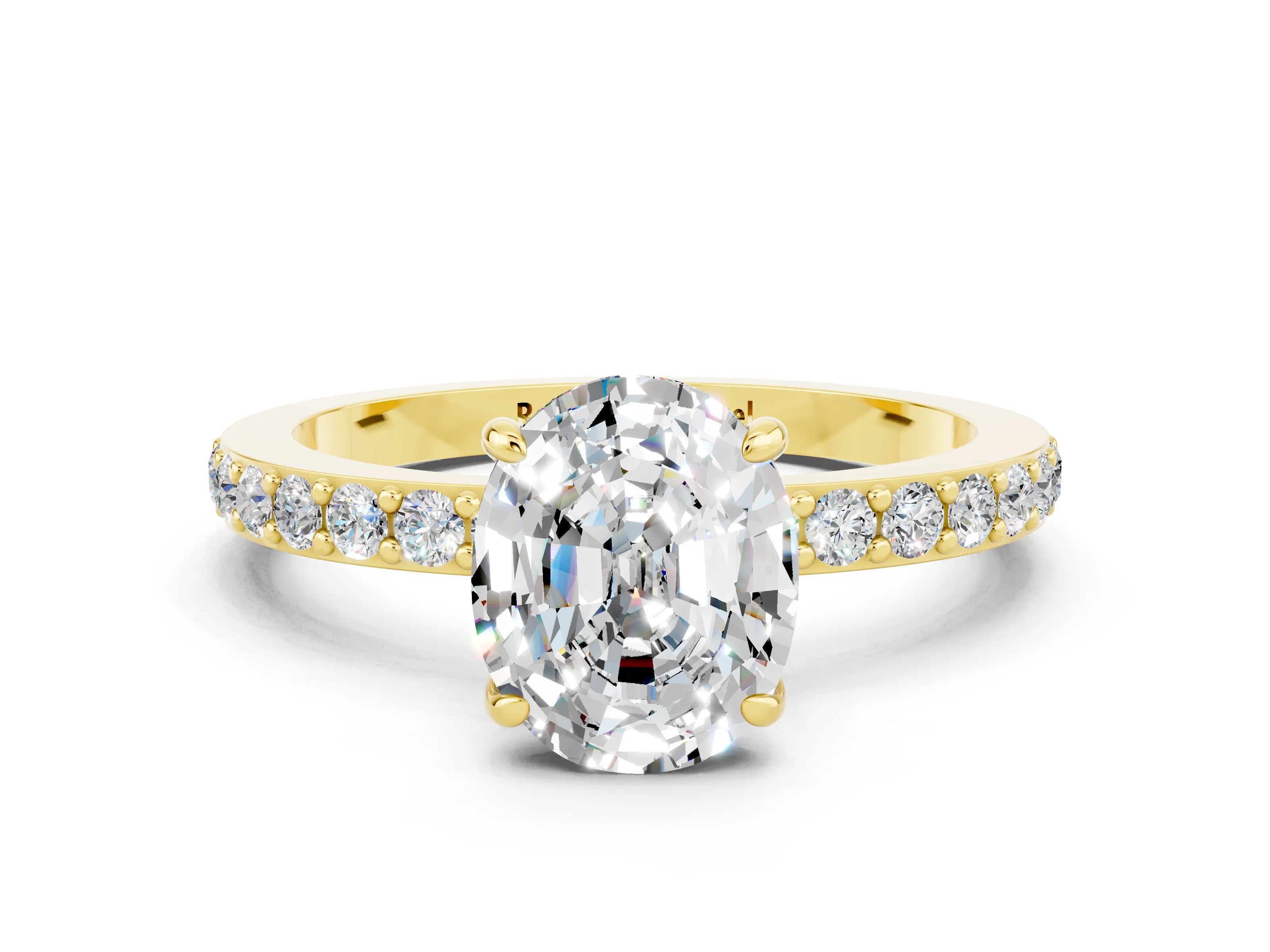 Yellow gold Oval Cut Moissanite Ring with Pavé Band and Four-Prong Setting