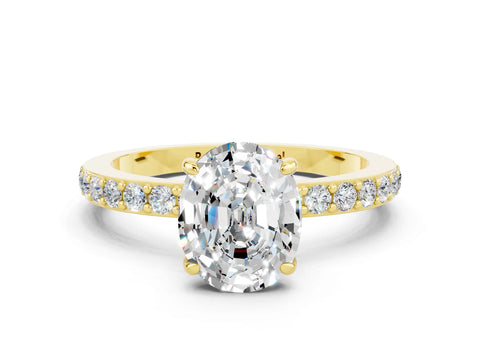 Yellow gold Oval Cut Moissanite Ring with Pavé Band and Four-Prong Setting