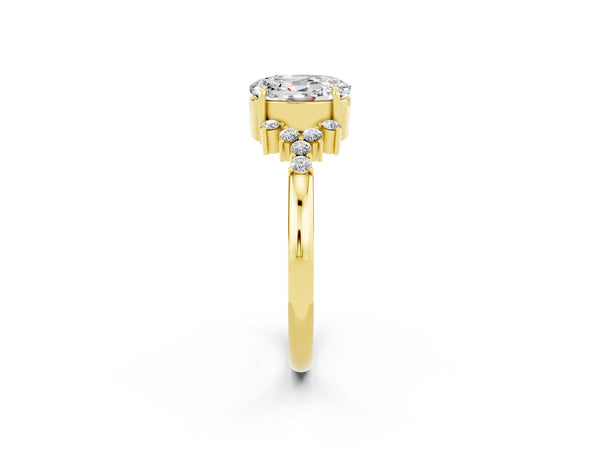 Yellow gold Oval Cut Moissanite Ring with Side Stones and Four-Prong Setting