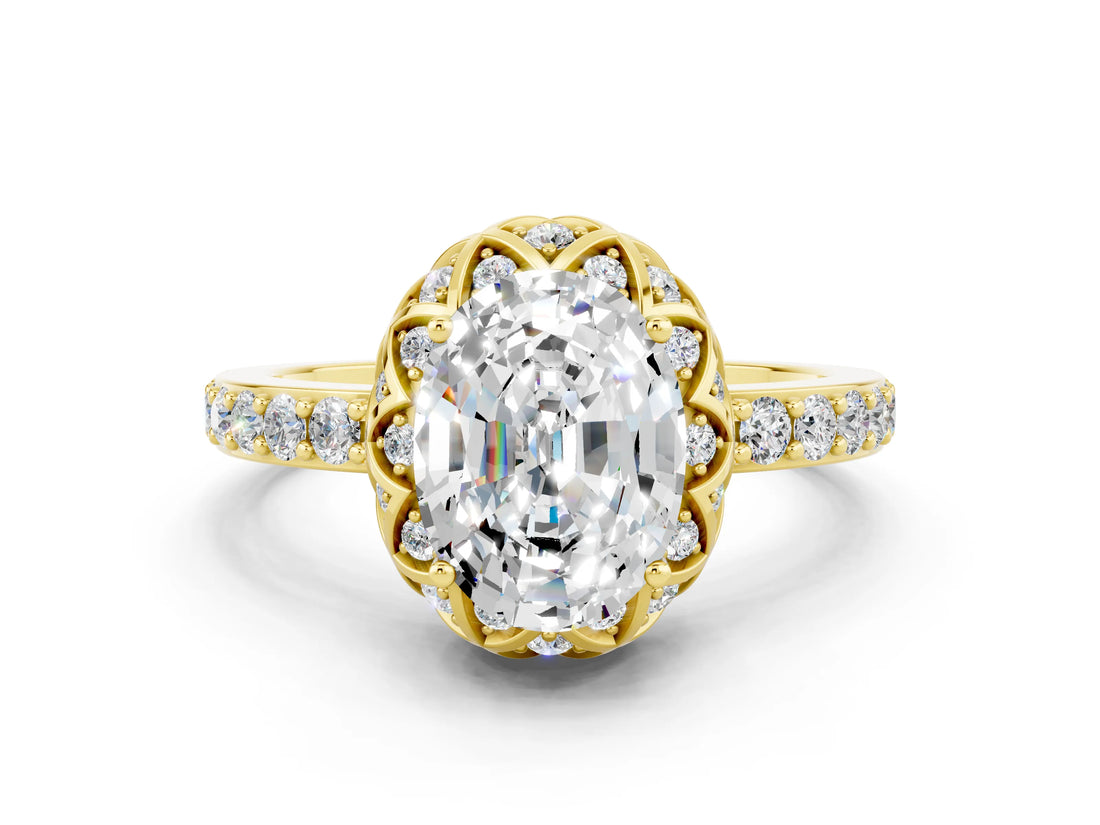 Yellow gold Oval Cut Moissanite Scalloped Halo Engagement Ring with Round Shared Prong Band_12