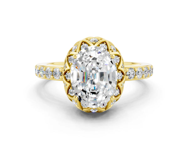 Yellow gold Oval Cut Moissanite Scalloped Halo Engagement Ring with Round Shared Prong Band