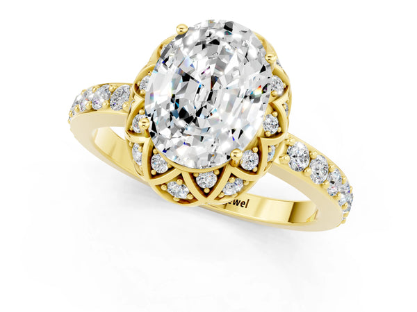 Yellow gold Oval Cut Moissanite Scalloped Halo Engagement Ring with Round Shared Prong Band