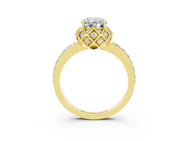 Yellow gold Oval Cut Moissanite Scalloped Halo Engagement Ring with Round Shared Prong Band