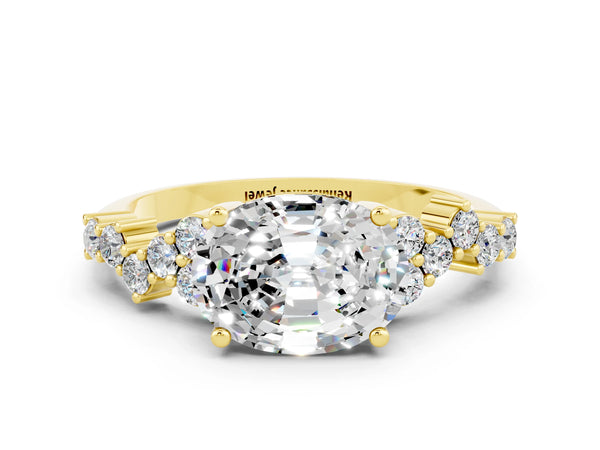 Yellow gold Oval Cut Moissanite Scattered Round Accent Ring with Prong Setting