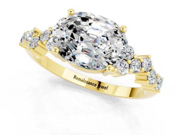 Yellow gold Oval Cut Moissanite Scattered Round Accent Ring with Prong Setting