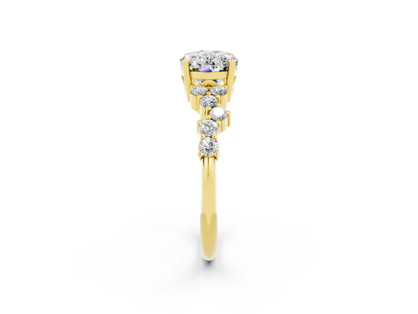 Yellow gold Oval Cut Moissanite Scattered Round Accent Ring with Prong Setting