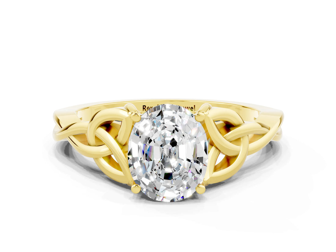 Yellow gold Oval Cut Moissanite Solitaire Celtic Knot Ring with Four-Prong Setting_12