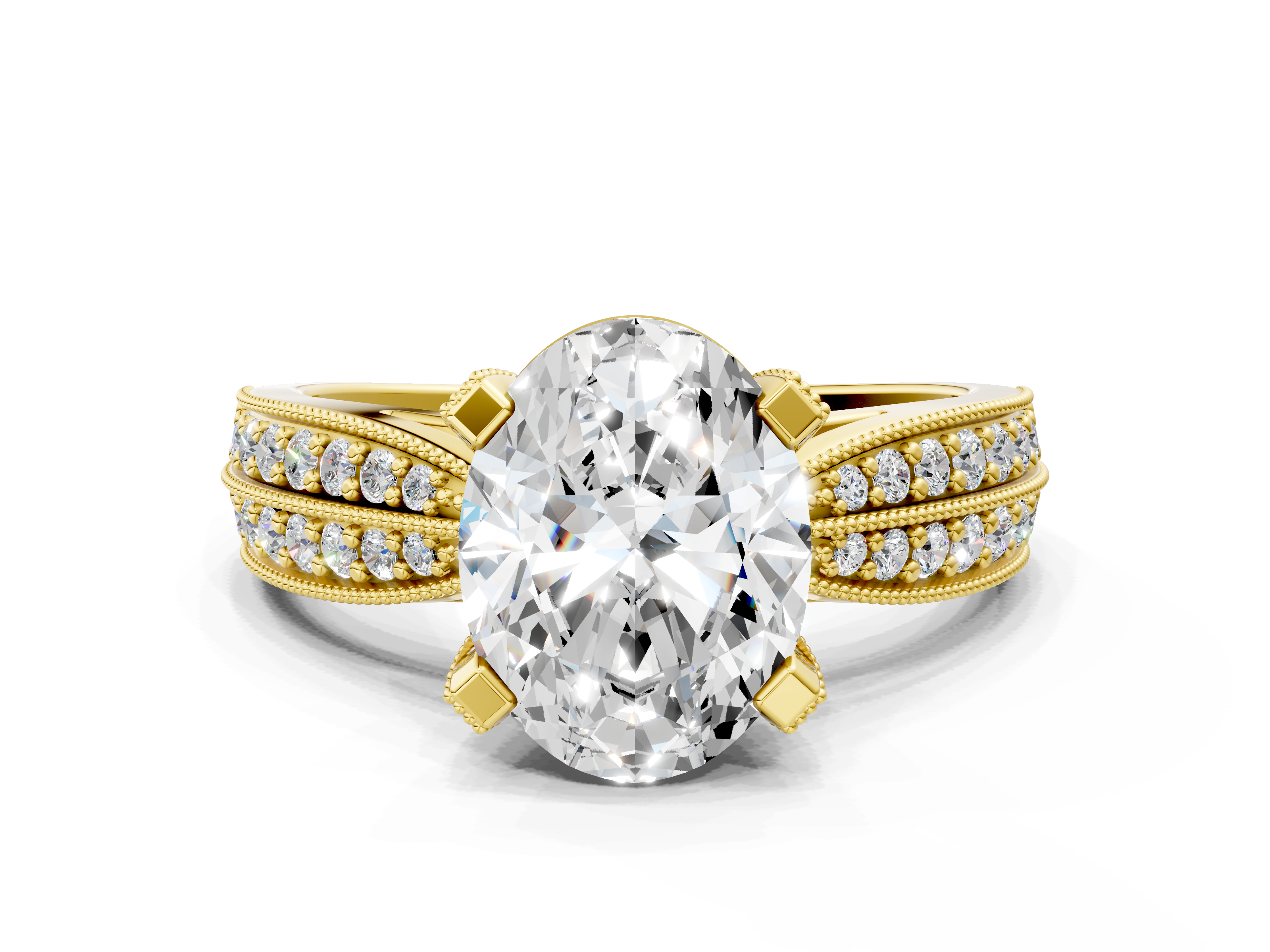 Yellow gold Oval Cut Moissanite   Solitaire Diamond Ring with Milgrain Pavé Band and Four-Prong Setting_34