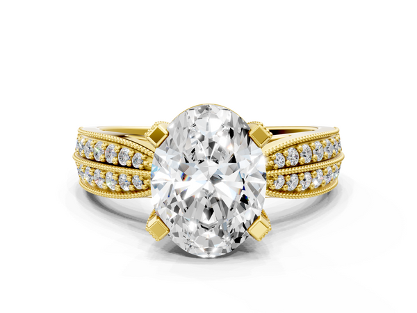 Yellow gold Oval Cut Moissanite   Solitaire Diamond Ring with Milgrain Pavé Band and Four-Prong Setting
