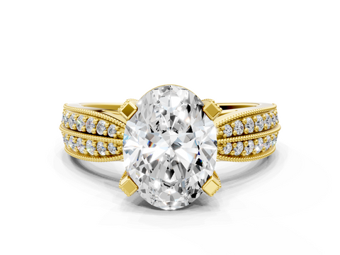 Yellow gold Oval Cut Moissanite   Solitaire Diamond Ring with Milgrain Pavé Band and Four-Prong Setting_34