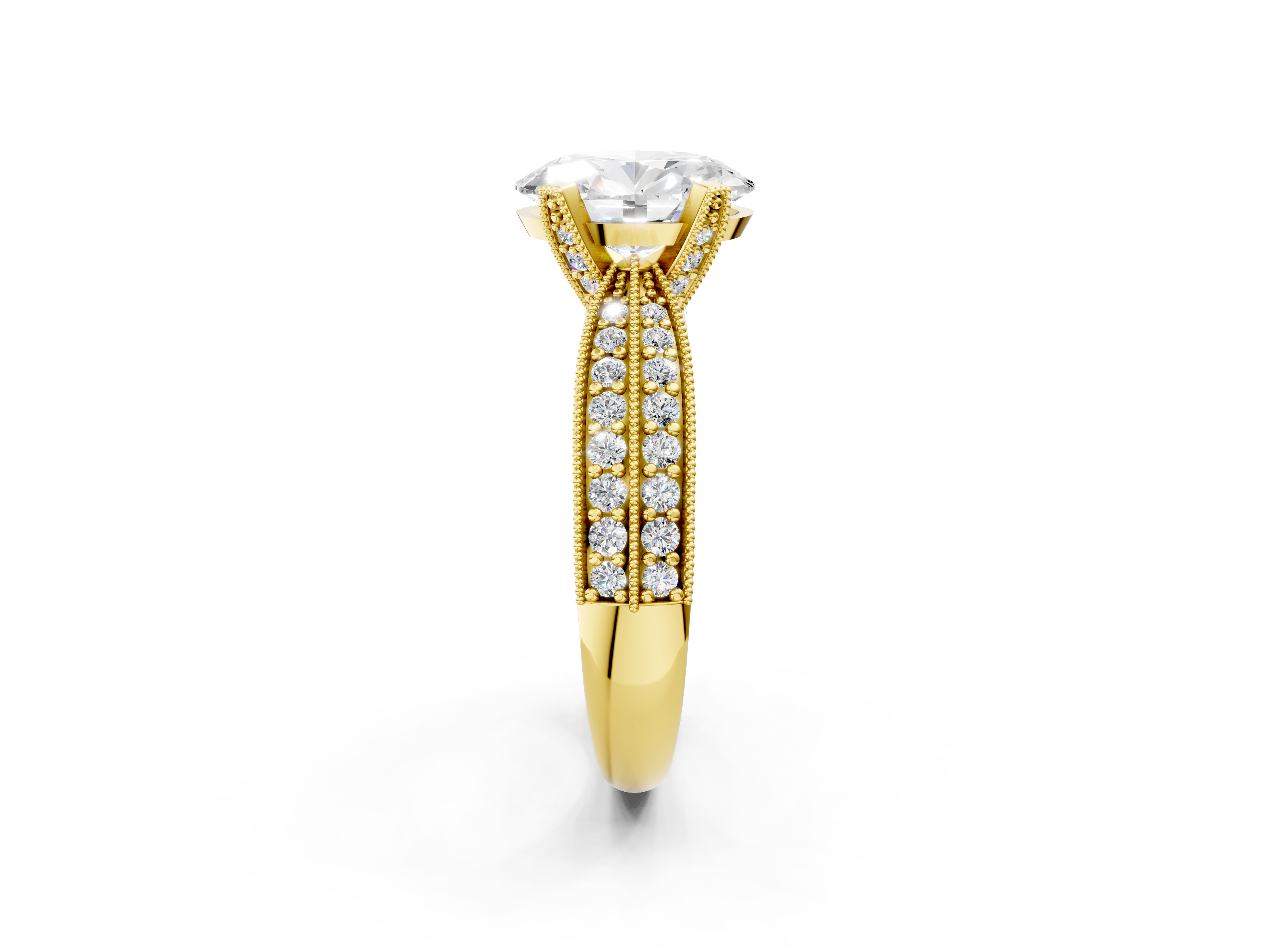 Yellow gold Oval Cut Moissanite   Solitaire Diamond Ring with Milgrain Pavé Band and Four-Prong Setting_36