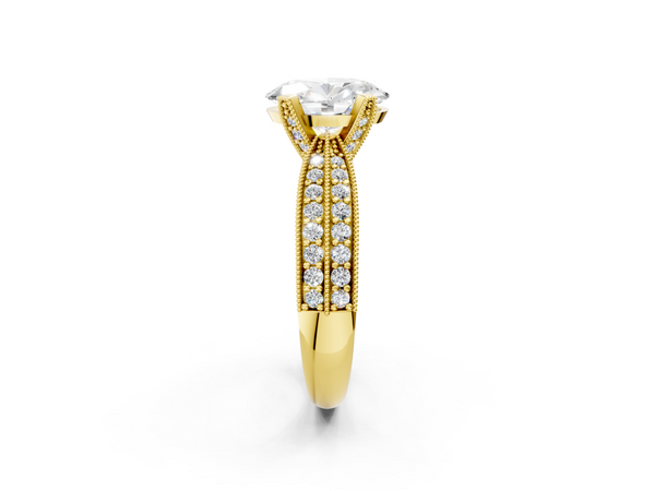 Yellow gold Oval Cut Moissanite   Solitaire Diamond Ring with Milgrain Pavé Band and Four-Prong Setting