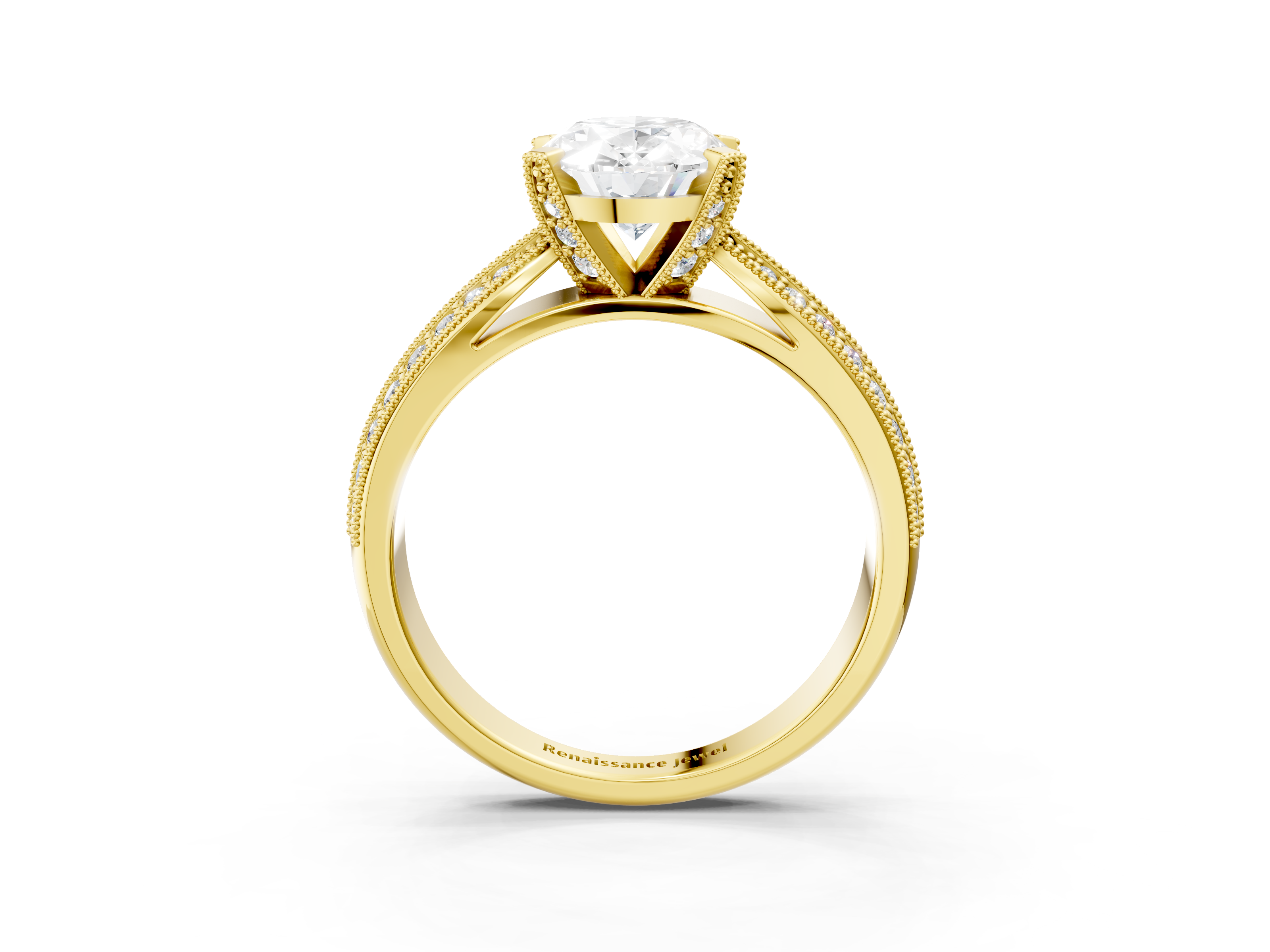 Yellow gold Oval Cut Moissanite   Solitaire Diamond Ring with Milgrain Pavé Band and Four-Prong Setting_37