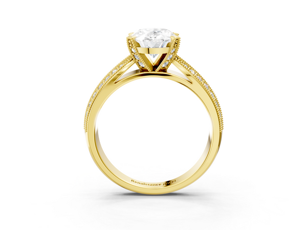 Yellow gold Oval Cut Moissanite   Solitaire Diamond Ring with Milgrain Pavé Band and Four-Prong Setting