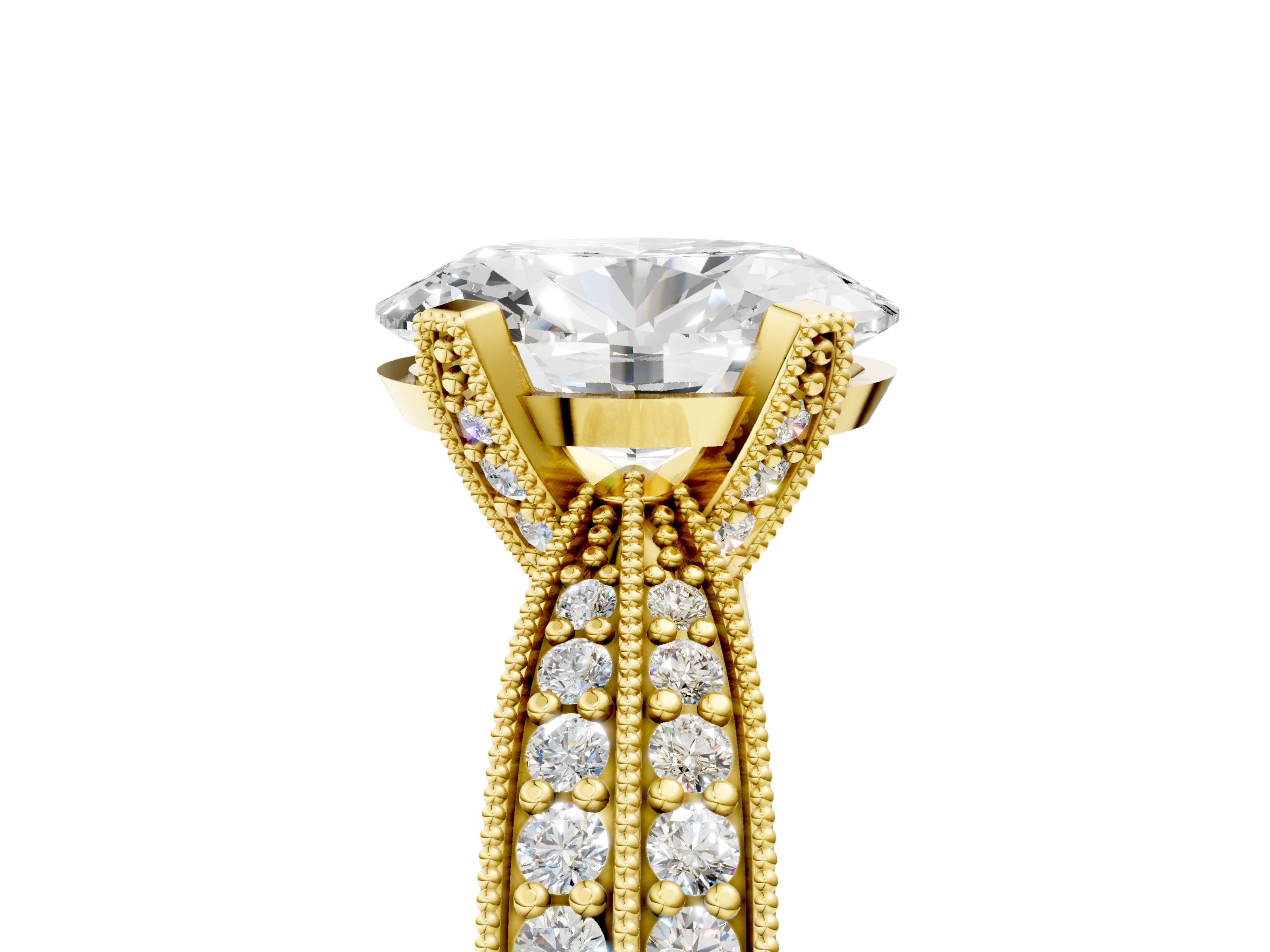 Yellow gold Oval Cut Moissanite   Solitaire Diamond Ring with Milgrain Pavé Band and Four-Prong Setting_39