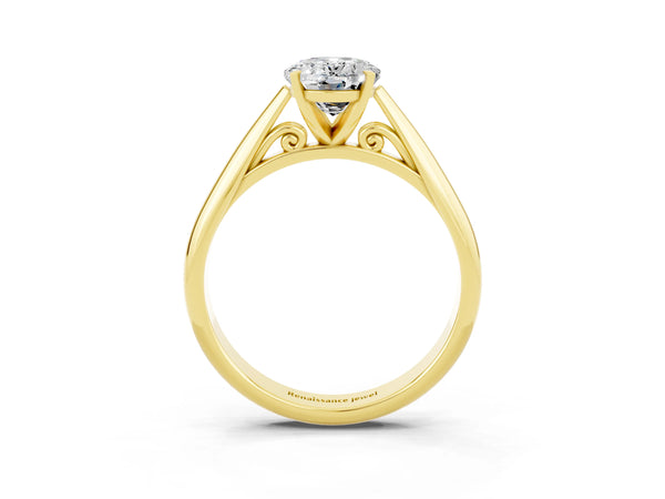 Yellow gold Oval Cut Moissanite Solitaire Engagement Ring with Cathedral Setting and Four-Prong Mount