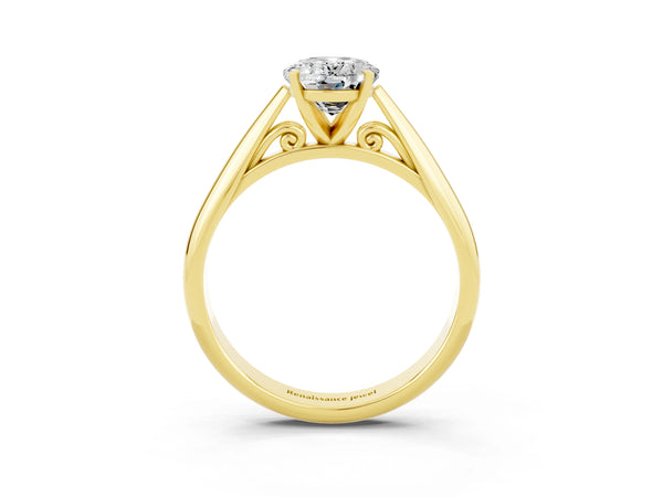 Yellow Gold Oval Moissanite Solitaire Cathedral Engagement Ring with Arched Shoulders