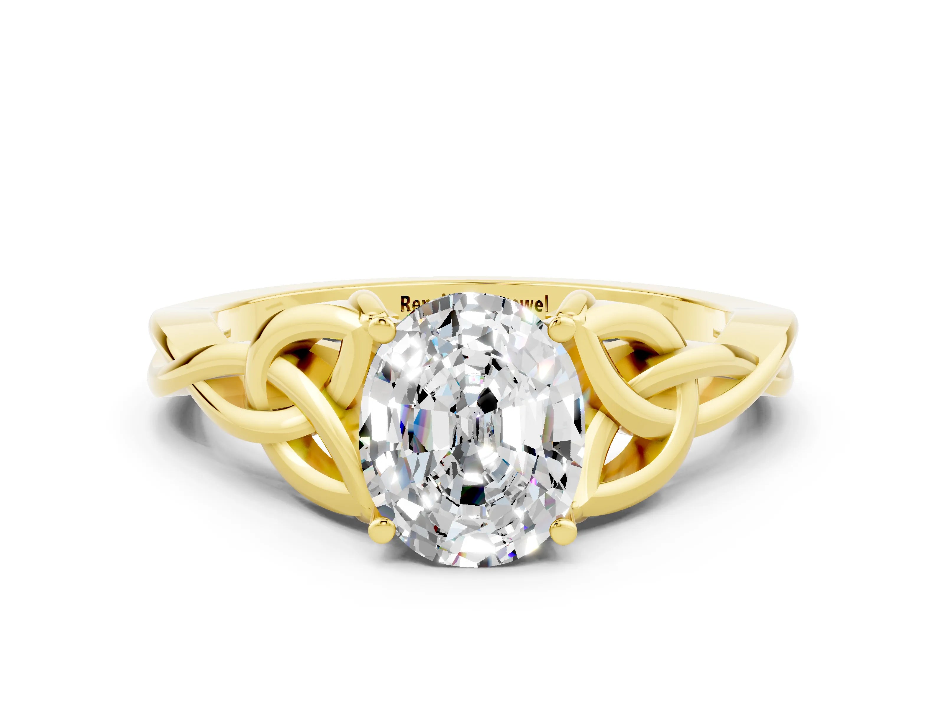 Yellow gold Oval Cut Moissanite Solitaire Engagement Ring with Celtic Knot Band and Four-Prong Setting