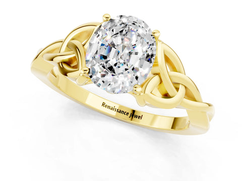 Yellow gold Oval Cut Moissanite Solitaire Engagement Ring with Celtic Knot Band and Four-Prong Setting_1