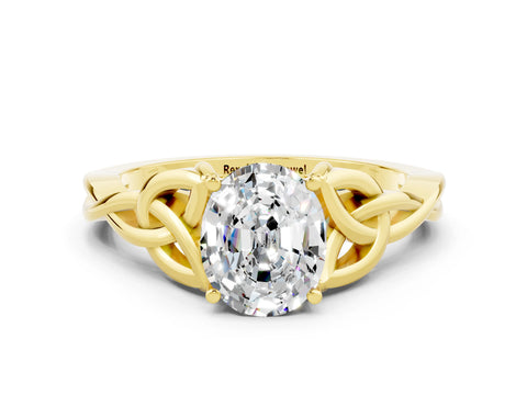 Yellow gold Oval Cut Moissanite Solitaire Engagement Ring with Celtic Knot Band and Four-Prong Setting