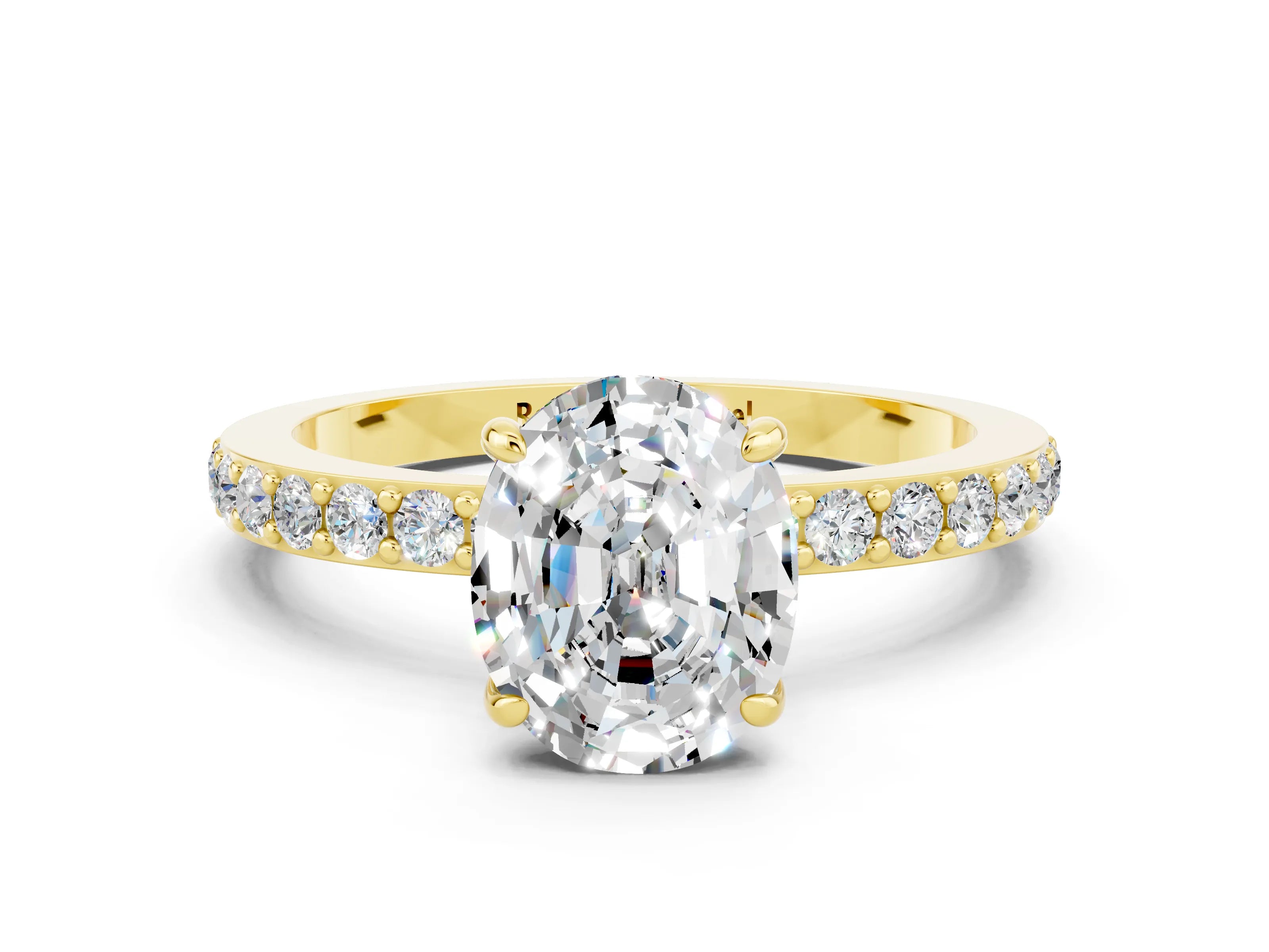 Yellow gold Oval Cut Moissanite Solitaire Engagement Ring with Pavé Band and Four-Prong Setting