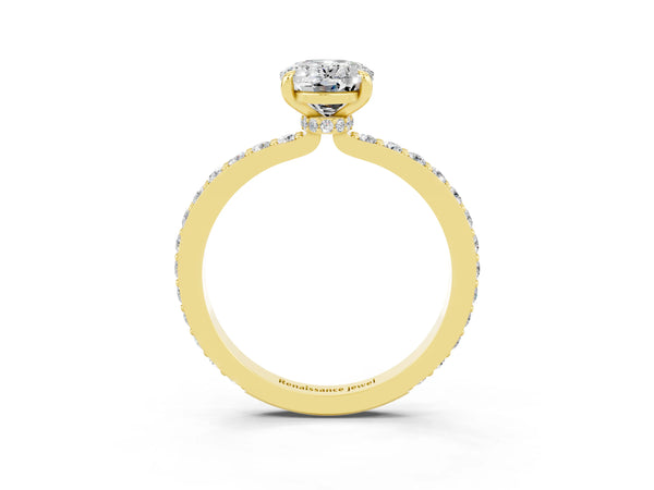 Yellow gold Oval Cut Moissanite Solitaire Engagement Ring with Pavé Band and Four-Prong Setting
