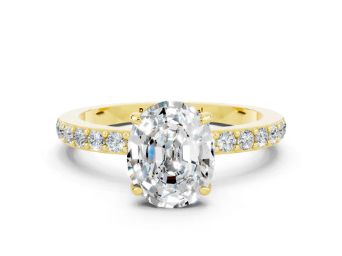Yellow gold Oval Cut Moissanite Solitaire Engagement Ring with Pavé Band and Four-Prong Setting