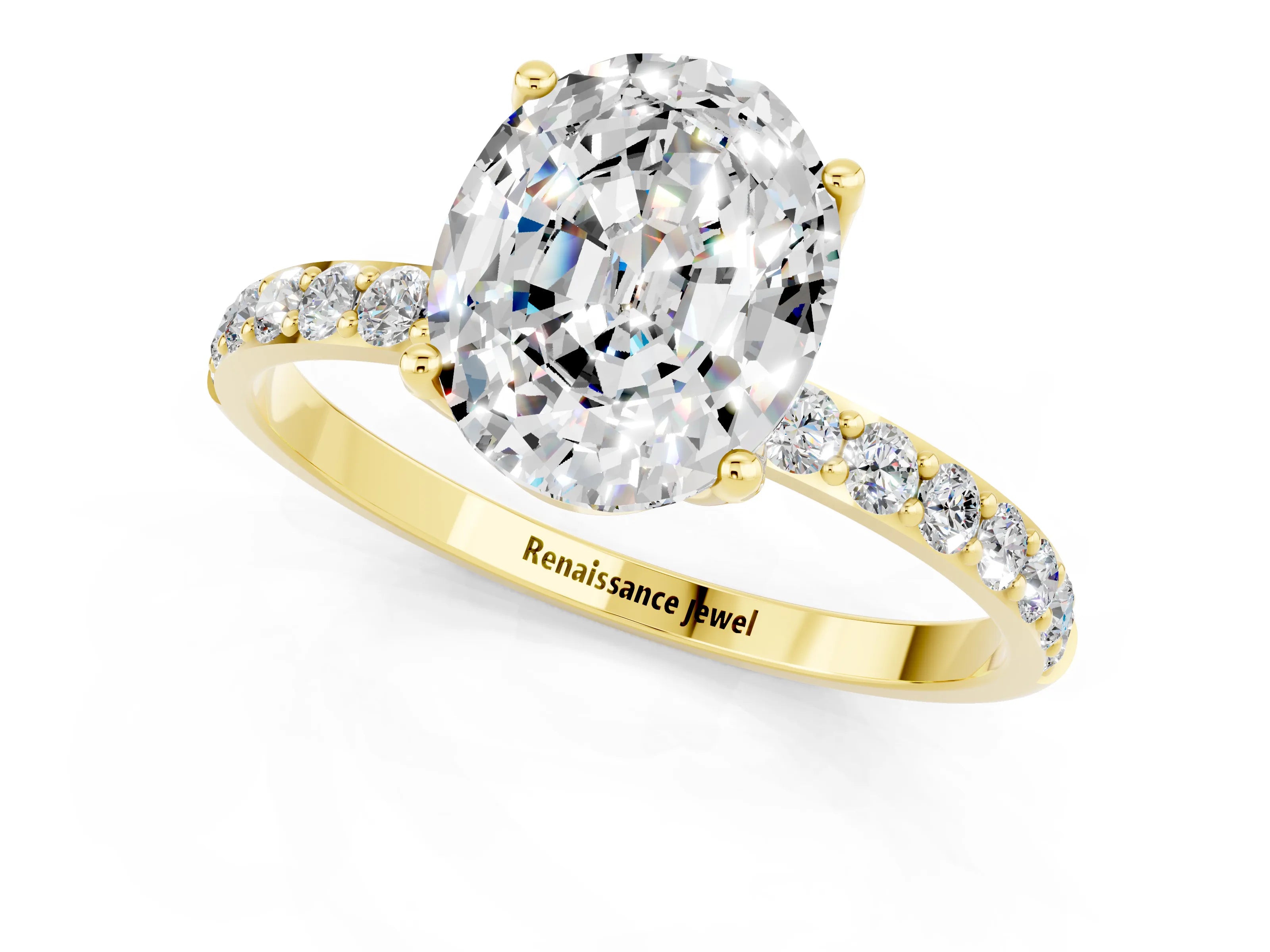 Yellow gold Oval Cut Moissanite Solitaire Engagement Ring with Pavé Band and Prong Setting_1