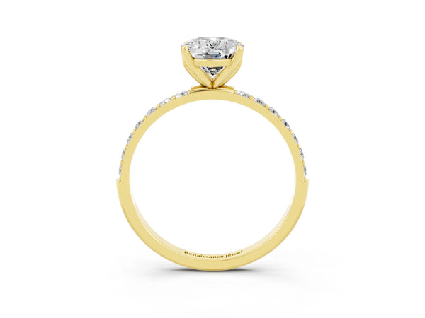 Yellow gold Oval Cut Moissanite Solitaire Engagement Ring with Round  Pavé Band and Prong Setting