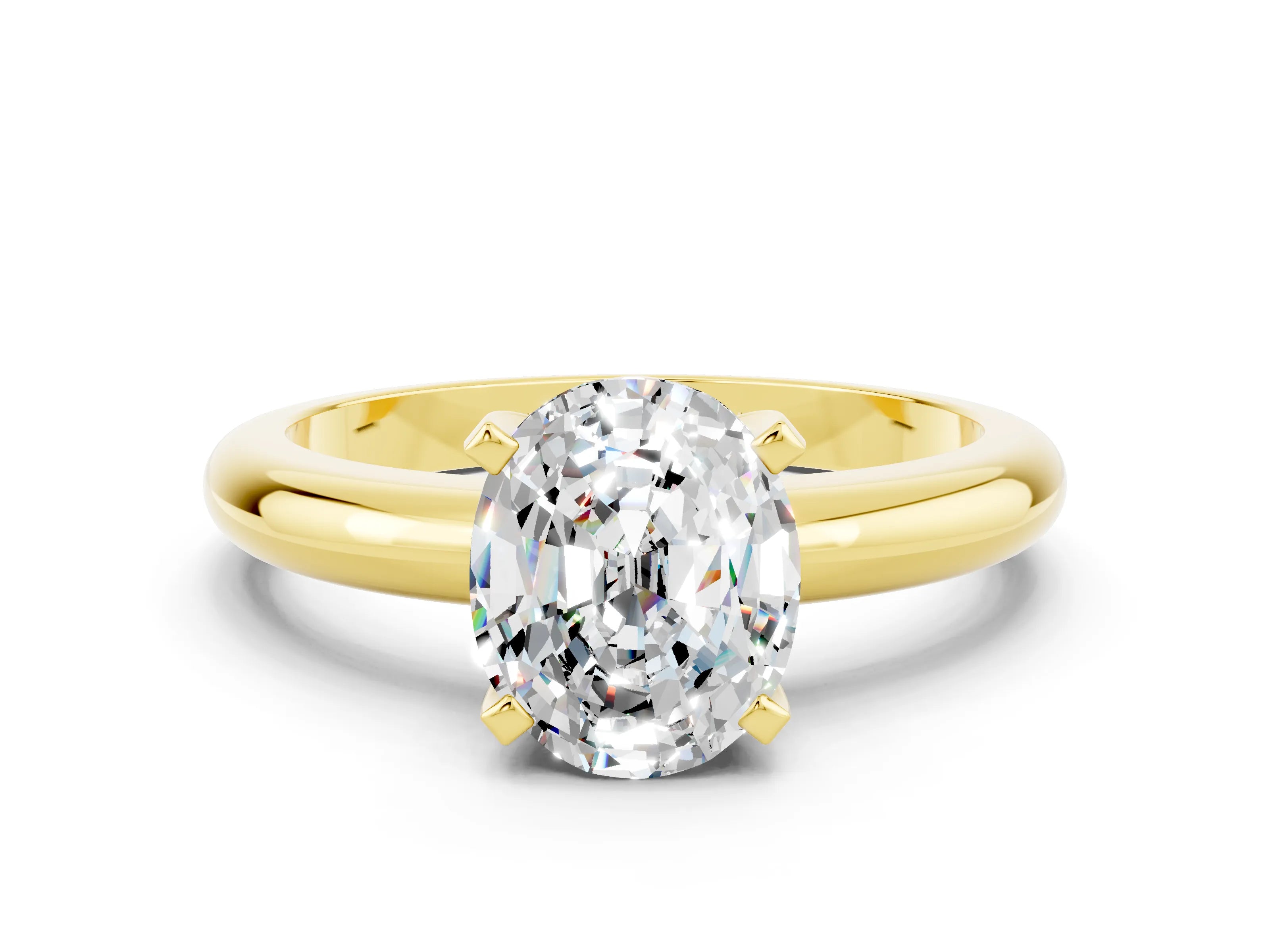 Yellow gold Oval Cut Moissanite Solitaire Engagement Ring with Round Band and Four-Prong Setting