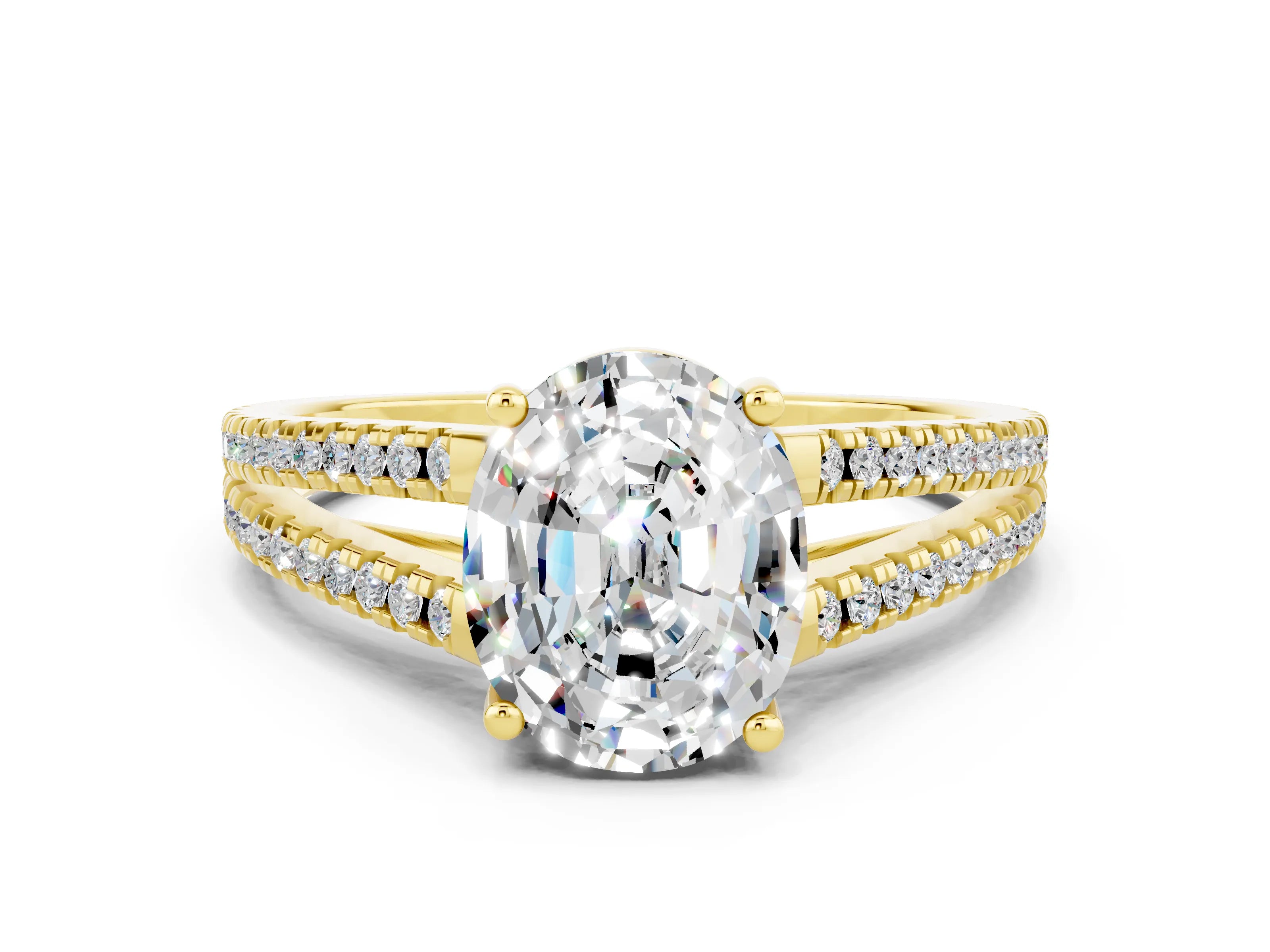 Yellow gold Oval Cut Moissanite Solitaire Engagement Ring with Split Shank Pavé Band