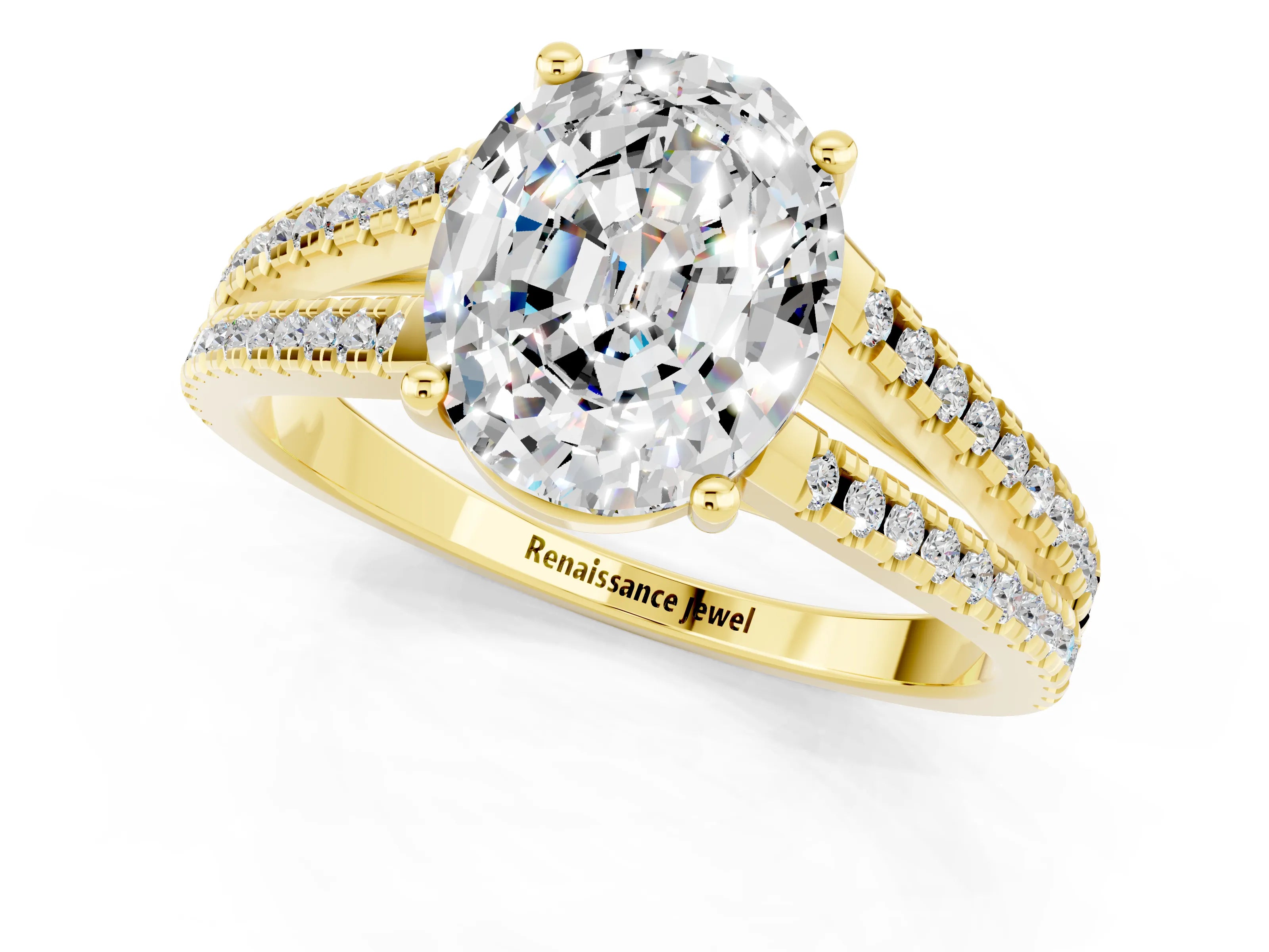 Yellow gold Oval Cut Moissanite Solitaire Engagement Ring with Split Shank Pavé Band_1