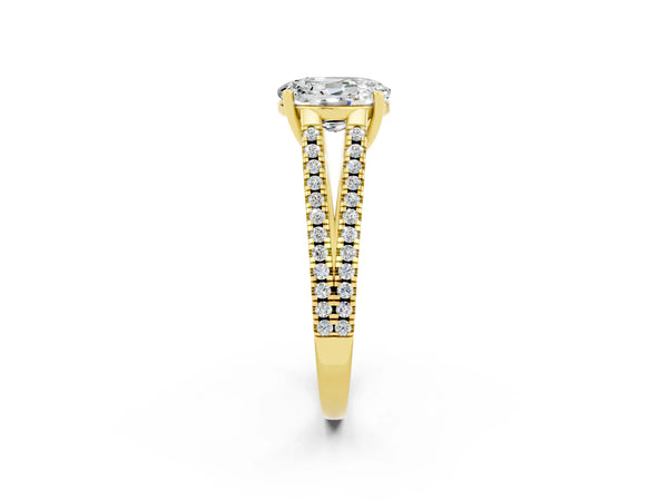 Yellow gold Oval Cut Moissanite Solitaire Engagement Ring with Split Shank Pavé Band
