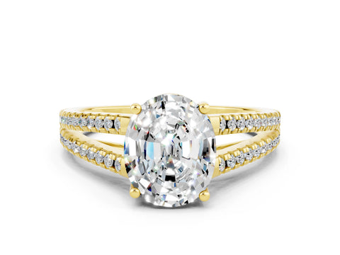 Yellow gold Oval Cut Moissanite Solitaire Engagement Ring with Split Shank Pavé Band
