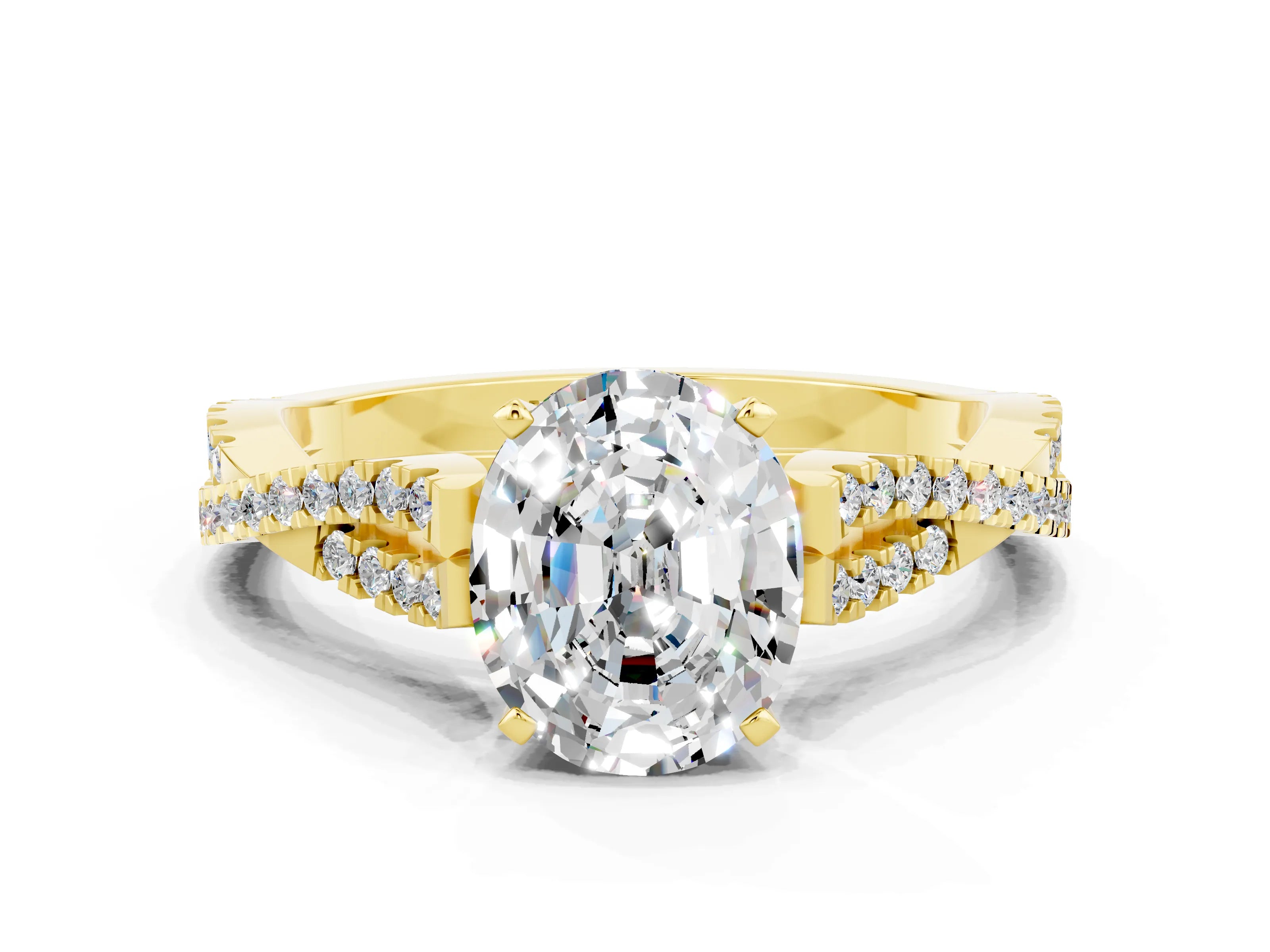 Yellow gold Oval Cut Moissanite Solitaire Engagement Ring with Twisted Pavé Band and Four-Prong Setting