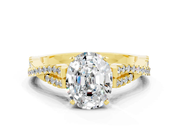 Yellow gold Oval Cut Moissanite Solitaire Engagement Ring with Twisted Pavé Band and Four-Prong Setting