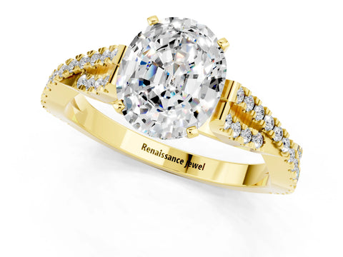 Yellow gold Oval Cut Moissanite Solitaire Engagement Ring with Twisted Pavé Band and Four-Prong Setting_1